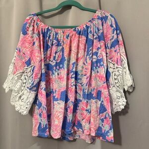 Lilly Pulitzer Off-Shoulder Top with Lace Sleeves